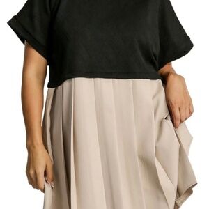 Umgee black/tan pleated skirt jacquered dress, size 1XL, excellent!